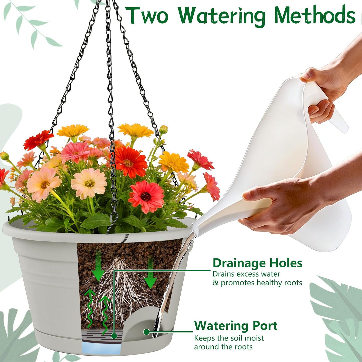 Nooulap 4 Pack Hanging Planters, 10 Inch Plant Pots with Hanger Chain & Drainage Trays, Hanging Baskets for Plants Outdoor Indoor, Flowers Pots for Home, Garden, Porch Decor (2 Grey + 2 Black)