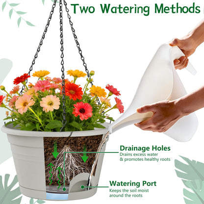 Nooulap 4 Pack Hanging Planters, 10 Inch Plant Pots with Hanger Chain & Drainage Trays, Hanging Baskets for Plants Outdoor Indoor, Flowers Pots for Home, Garden, Porch Decor (2 Grey + 2 Black)