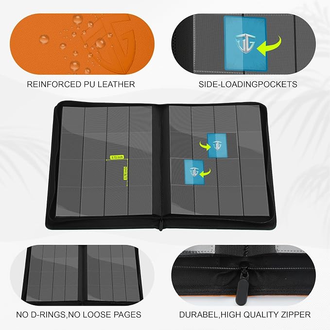 16 Pockets Trading Card Zipper Binder for 1000+ Cards| Secure Side Loading Pockets | Trading Card Album Folder | Compatible with YuGiOh, MTG,Sports Cards (Orange 16)