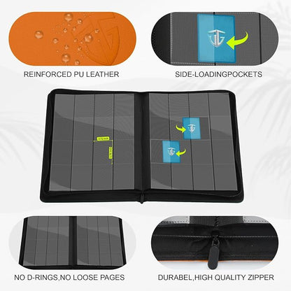 16 Pockets Trading Card Zipper Binder for 1000+ Cards| Secure Side Loading Pockets | Trading Card Album Folder | Compatible with YuGiOh, MTG,Sports Cards (Orange 16)