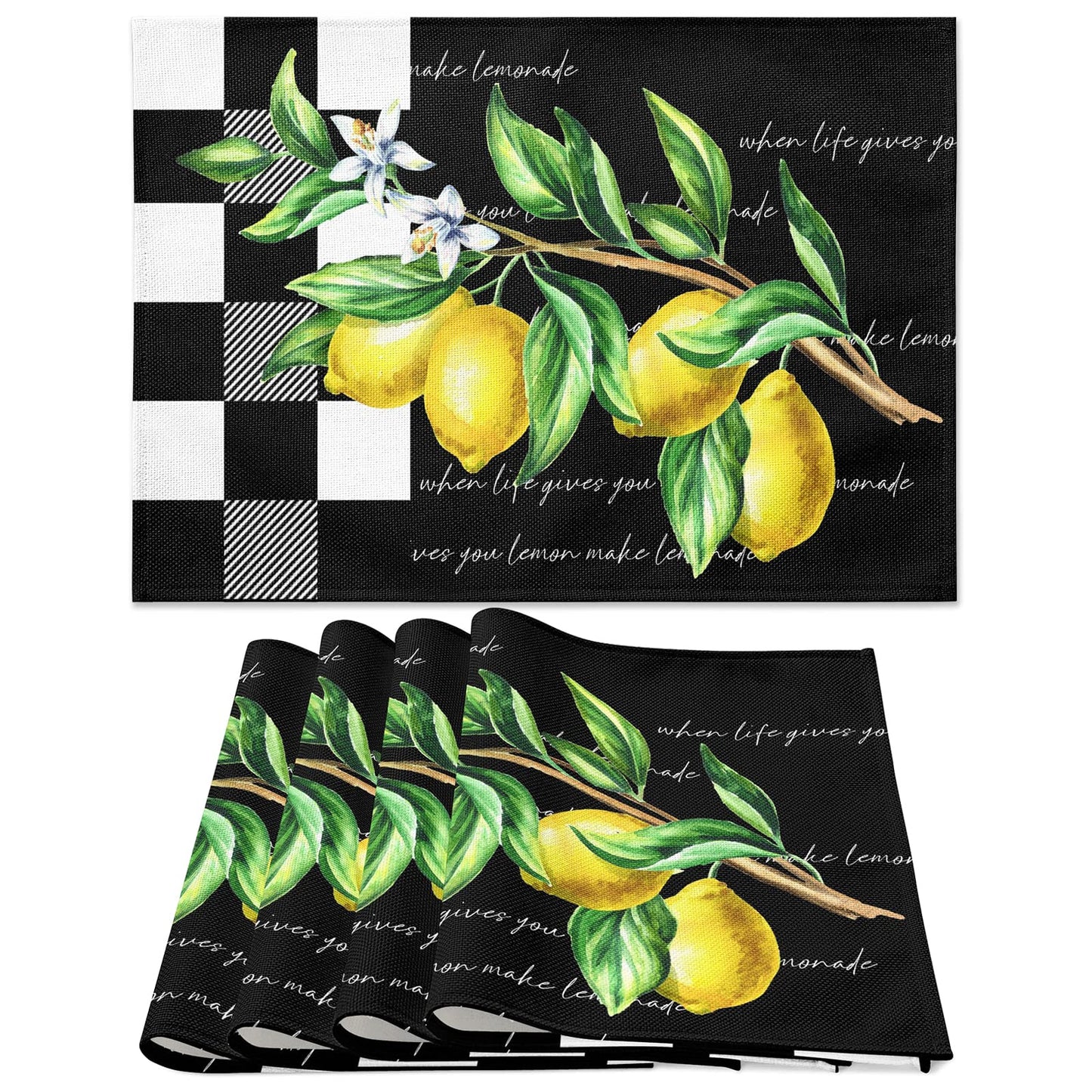 Placemats Set of 4, Yellow Lemon Non Slip Heat Resistant Linen Fabric Cotton Cloth Place Mats, Buffalo Plaid Black Square Washable Dining Table Mat for Summer Fall Rustic Farmhouse Home Kitchen Decor