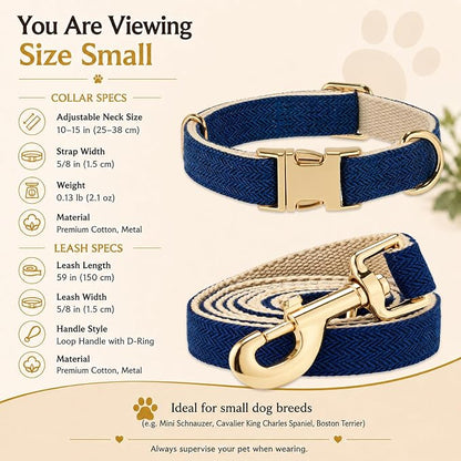 Herringbone Tweed Dog Collar and Leash Set for Small Dogs, Navy Blue | Snag-free, no-rub design. Soft breathable cotton, gentle on fur. Adjustable durable matching combo for walks & outdoors.