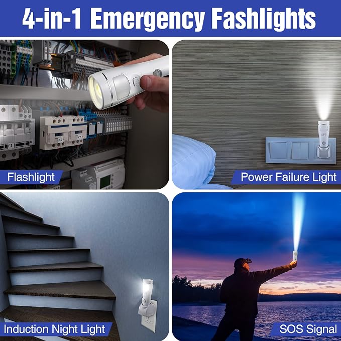 Enhon 4 Pack 4 in 1 LED Emergency Lights for Home Power Failure, Rechargeable Plug in Flashlight Motion Sensor Night Light, Automatic Turn On Power Outage Light for Home Hurricane Supplies (White)