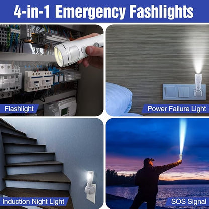 Enhon 4 Pack 4 in 1 LED Emergency Lights for Home Power Failure, Rechargeable Plug in Flashlight Motion Sensor Night Light, Automatic Turn On Power Outage Light for Home Hurricane Supplies (White)