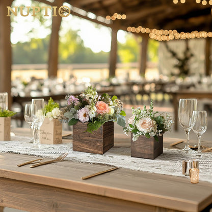 NUPTIO Wooden Box for Centerpiece Wedding: 12 Pcs Rustic Square Planter Box for Christmas Table Fall Decorations - 4×4" & 5×5" Small Wood Vases Flower Pots for Windowsill Home Garden Decor