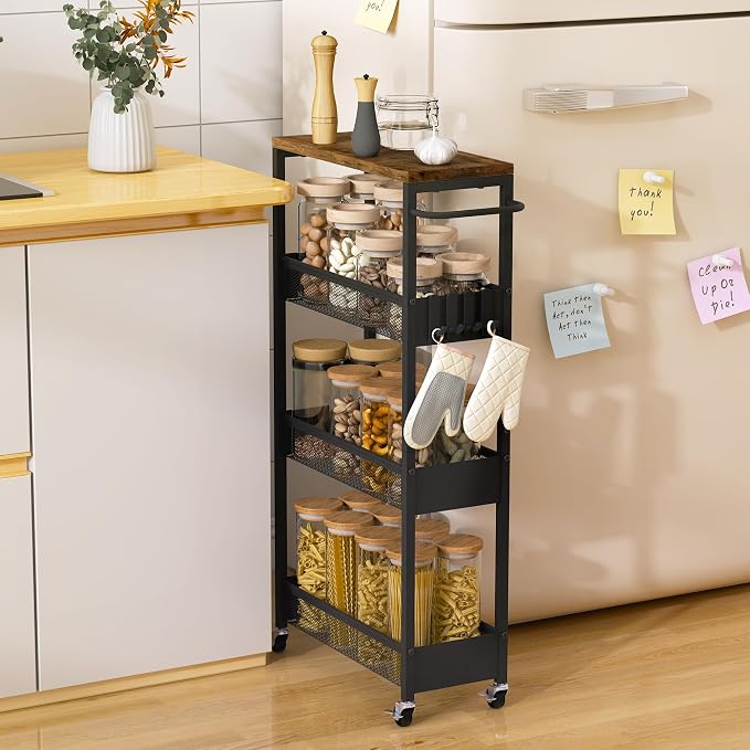 Vincona 7.1" Wide Slim Rolling Utility Cart, 4 Tier Metal Narrow Storage Cart with Handle and Wood Top, Multifunctional Small Mobile Shelf Unit Organizer Trolley for Laundry, Bathroom, Kitchen
