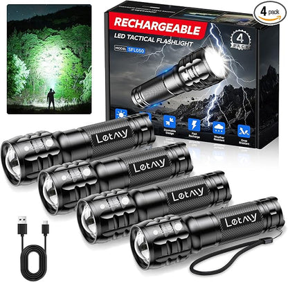 LETMY 4 Pack Rechargeable Flashlights High Lumens, 3 Modes Bright Small Flashlight for Home Tactical Flashlights Rechargeable, Zoomable LED Flashlights Waterproof for Outdoor,Camping Emergency
