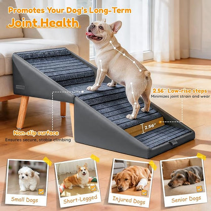 17" H Dog Stairs for Small Dogs – 4-Step Non-Slip Dog Ramp for Couch, Foldable 2-in-1 Pet Stairs & Ottoman, Upgraded Pet Steps for Puppies, Senior Dogs & Injured Pets, Solid Wood Frame (Grey)