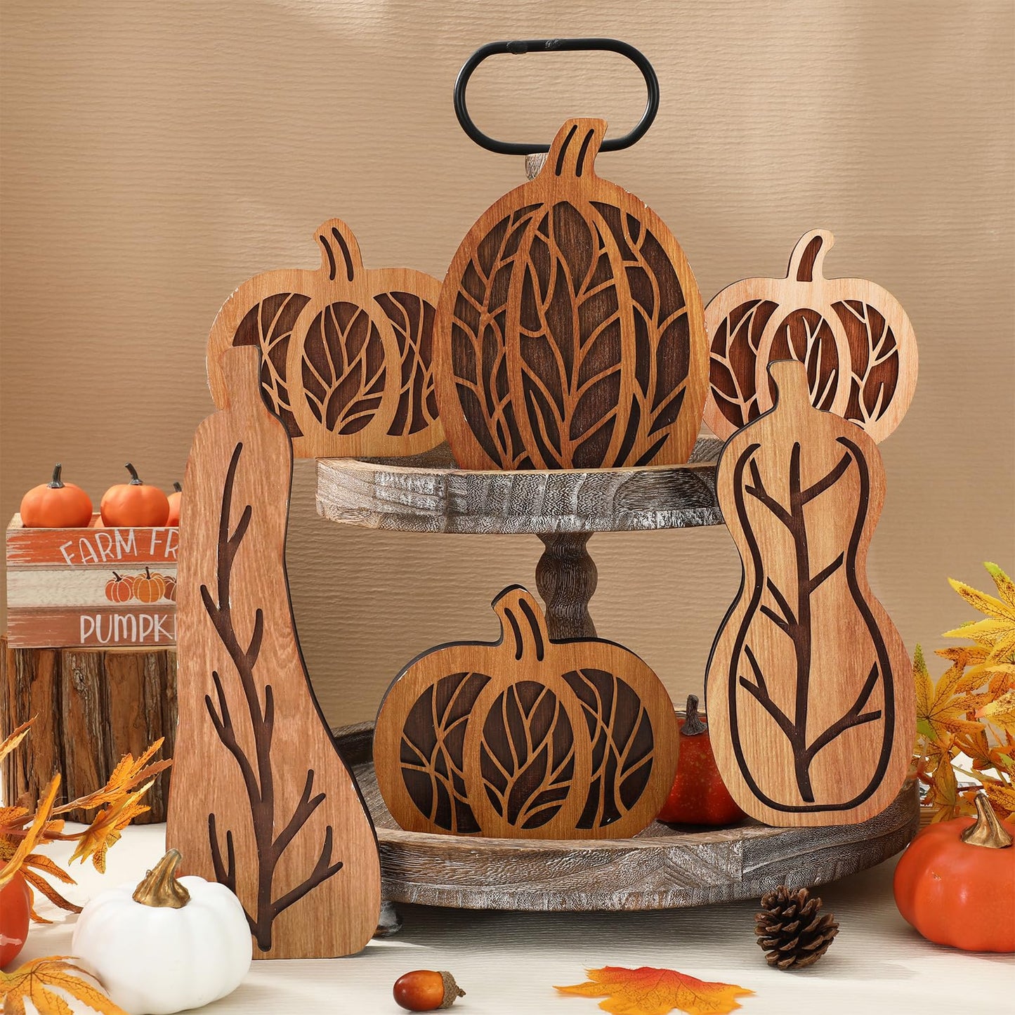JarThenaAMCS 6 Pcs Fall Pumpkin Wood Table Sign Natural Wood Hollow Carved Pumpkin Rustic Autumn Tabletop Centerpieces for Farmhouse Thanksgiving Home School Office