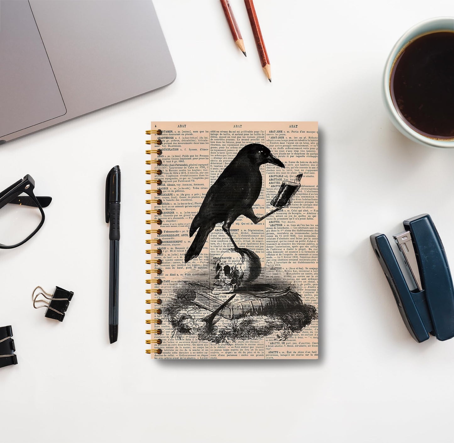 Guymn Gothic Skull Raven Notebook - Goth Journal, Cool Notebook Journal, Witchy Journal Notebook, Witch Stuff, Gothic Office Supplies, Halloween Notebook, Spiral Notebook 5.5x8.3