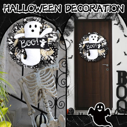 16 Inch Halloween Ghost Wreath Burlap Wreath with Ghost Doll Artificial Hanging Garland for Halloween Decorations Indoor Outdoor Party Supplies