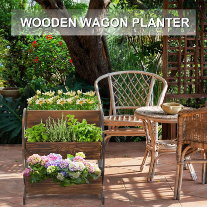 Beeveer 3 Tier Wooden Wagon Planter Box 24" x 24.5" x 22.5" Garden Planter for Outside Wood Planter Box with Drainage Holes Decorative Planters for Patio Garden Balcony Vegetables Flowers Herbs