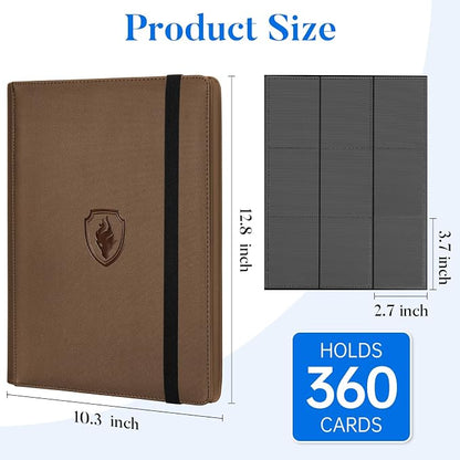 Premium 9 Pocket Card Binder for 360 Cards, Fabmaker PU Cover Trading Card Binder, Sturdy Card Collection Album, Sleek Card Holder Folders for Game Cards & Sports Cards, Brown