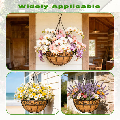 ZVOWOS 2 Pack 12 Inch Black Metal Hanging Basket Hanging Planter with Coco Coir Liner Heavy Duty Hanging Flower Pot Holder for Indoor Outdoor Patio Garden Porch Balcony Decor (Lace)