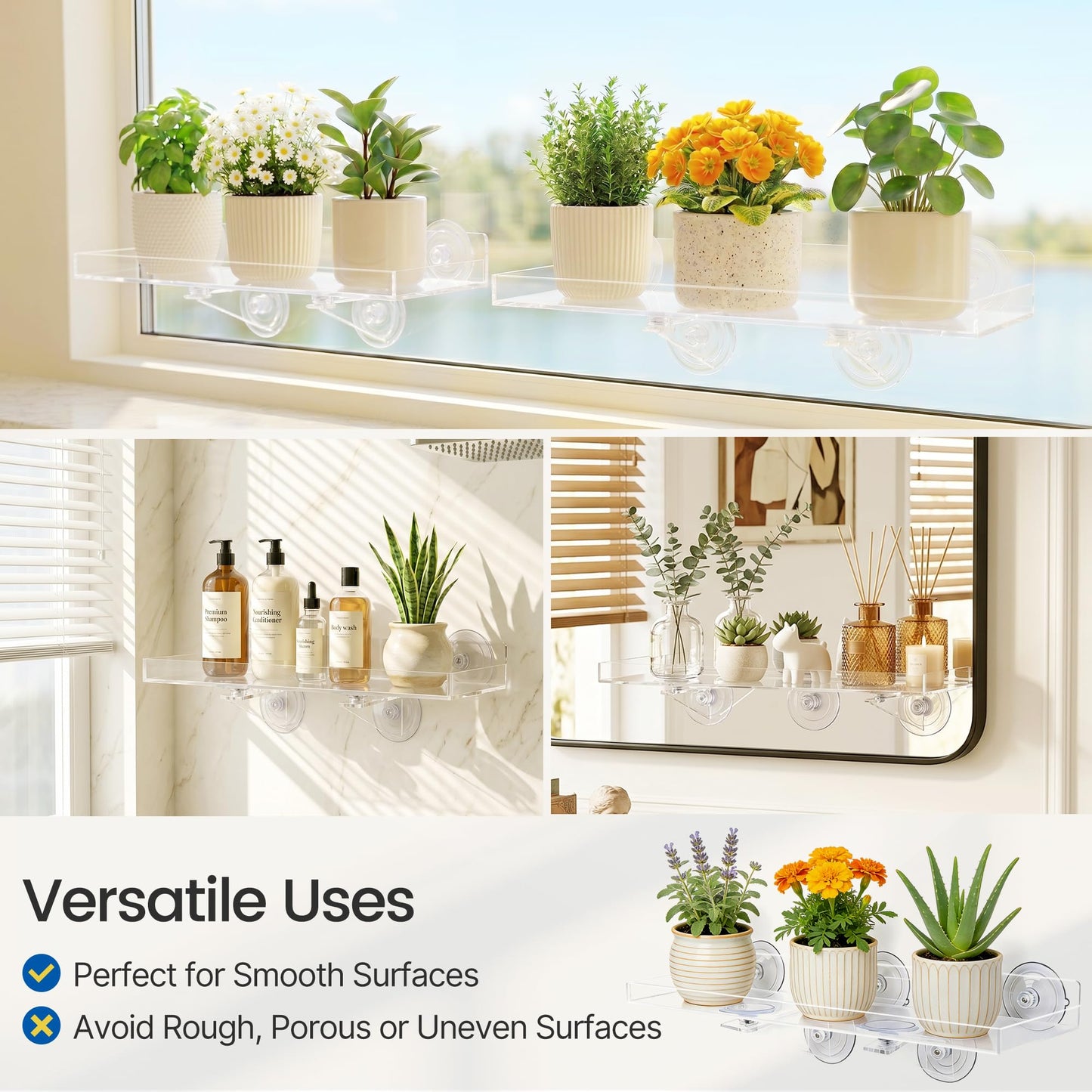 Leafory 2 Pack Window Plant Shelves, 15.7 x 5.9 Inch Heavy Duty Acrylic Floating Shelf, Strong Suction Cup Shelf with Support Bracket, Windowsill Holder for Succulents and Indoor Plants