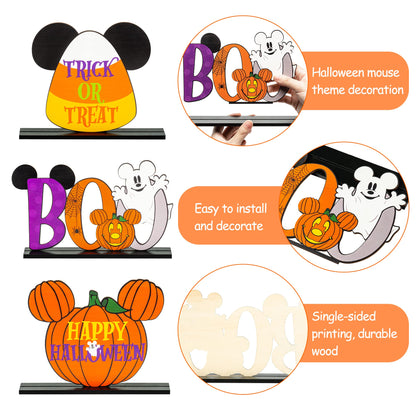 Andi Cppss 3PCS Halloween Mouse Wooden Table Centerpieces, Trick or Treat Sign Table Top Decor, Boo Sign Table Centerpiece for Halloween, Happy Halloween Mouse Pumpkin Table Topper for Party Supplies