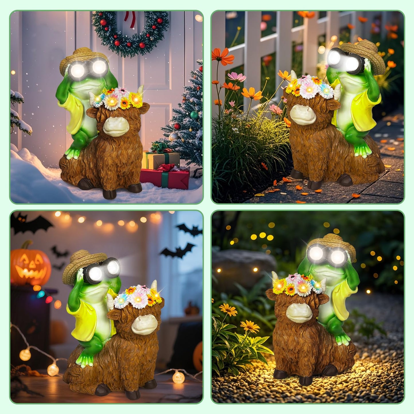 EDOF Solar Garden Lights Frog Sitting on Highland Cow Statue with Flower Garden Decor, for Women Mom,Frog Highland Cow Outdoor Figurine Decorative LED Lights for Yard Art Patio Porch Lawn
