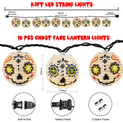 Abeja Halloween White Lantern String Lights, 8.5Ft Grimace White Nylon Lantern Lights with 10 Mini LED Bulbs, Halloween Outdoors String Light for Garden Home Party