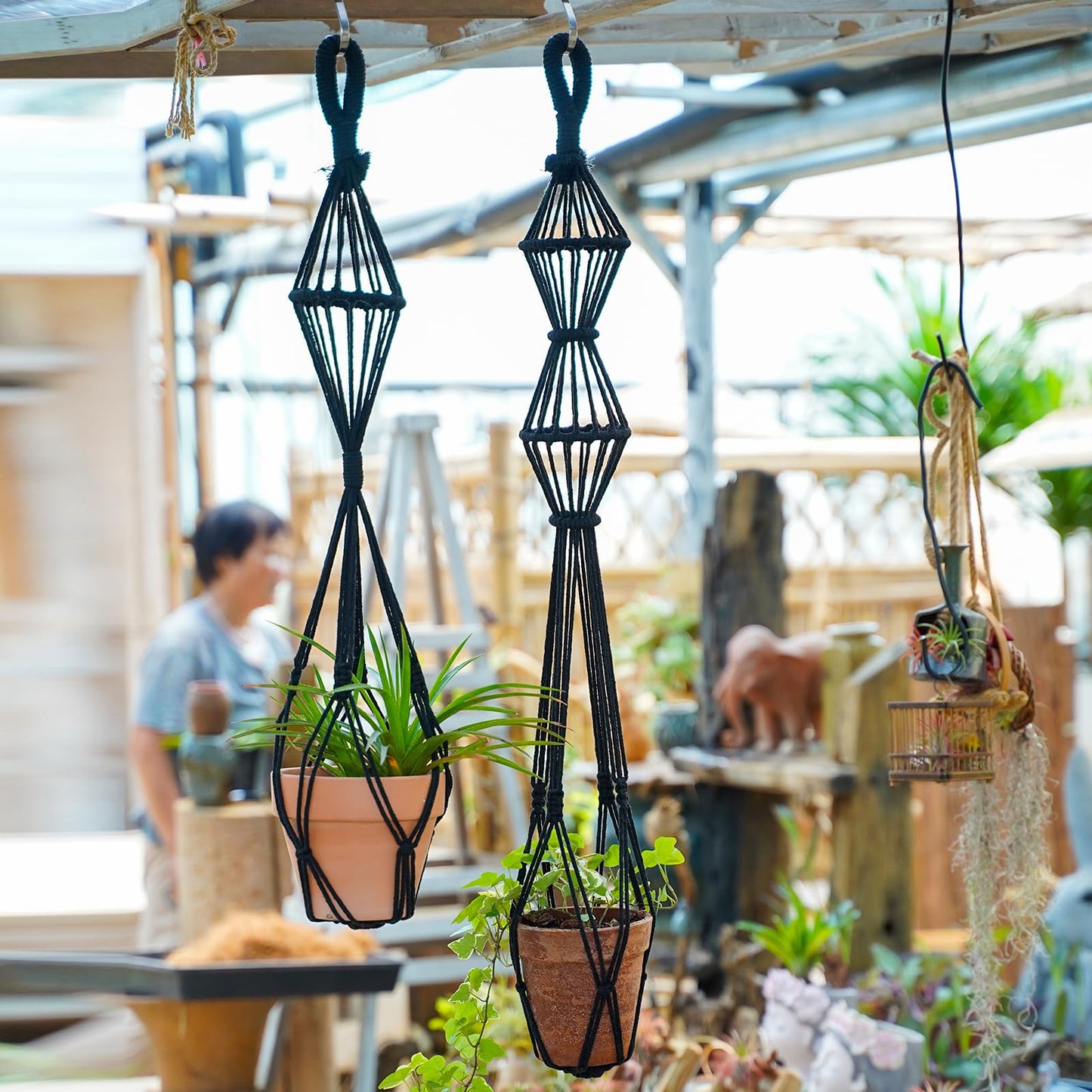 XINBOR Hourglass Floating Macrame Plant Hangers 2 Pack Handmade Cotton Rope Hanging Planters Basket with S Hooks, Diamond Openwork Boho Home Decor for Indoor Outdoor, Plants Holder 35" & 39” (Black)