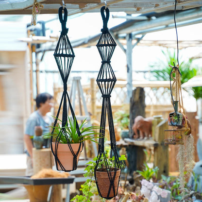 XINBOR Hourglass Floating Macrame Plant Hangers 2 Pack Handmade Cotton Rope Hanging Planters Basket with S Hooks, Diamond Openwork Boho Home Decor for Indoor Outdoor, Plants Holder 35" & 39” (Black)