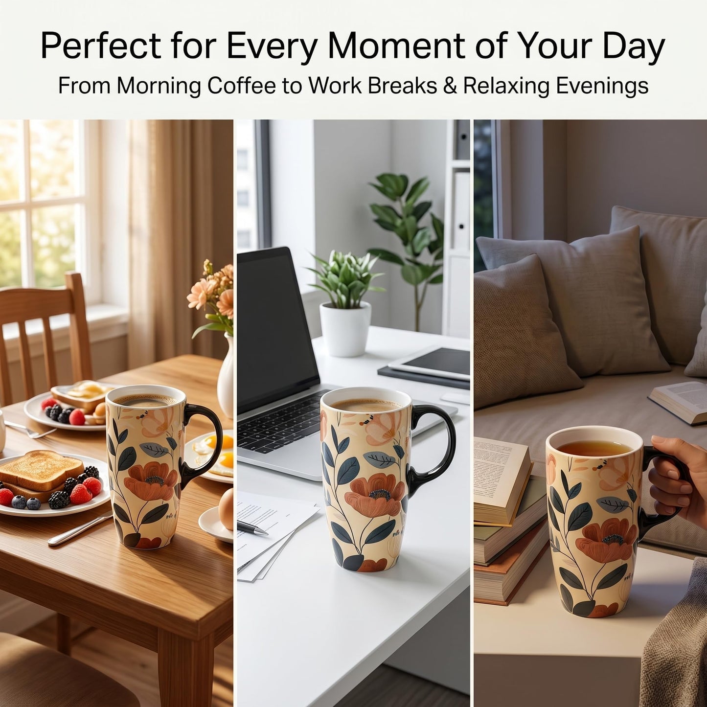 Topadorn Botanical Ceramic Travel Mug with Lid, 17oz Floral Coffee Mug with Handle, Microwave & Dishwasher Safe, Gift Box Included