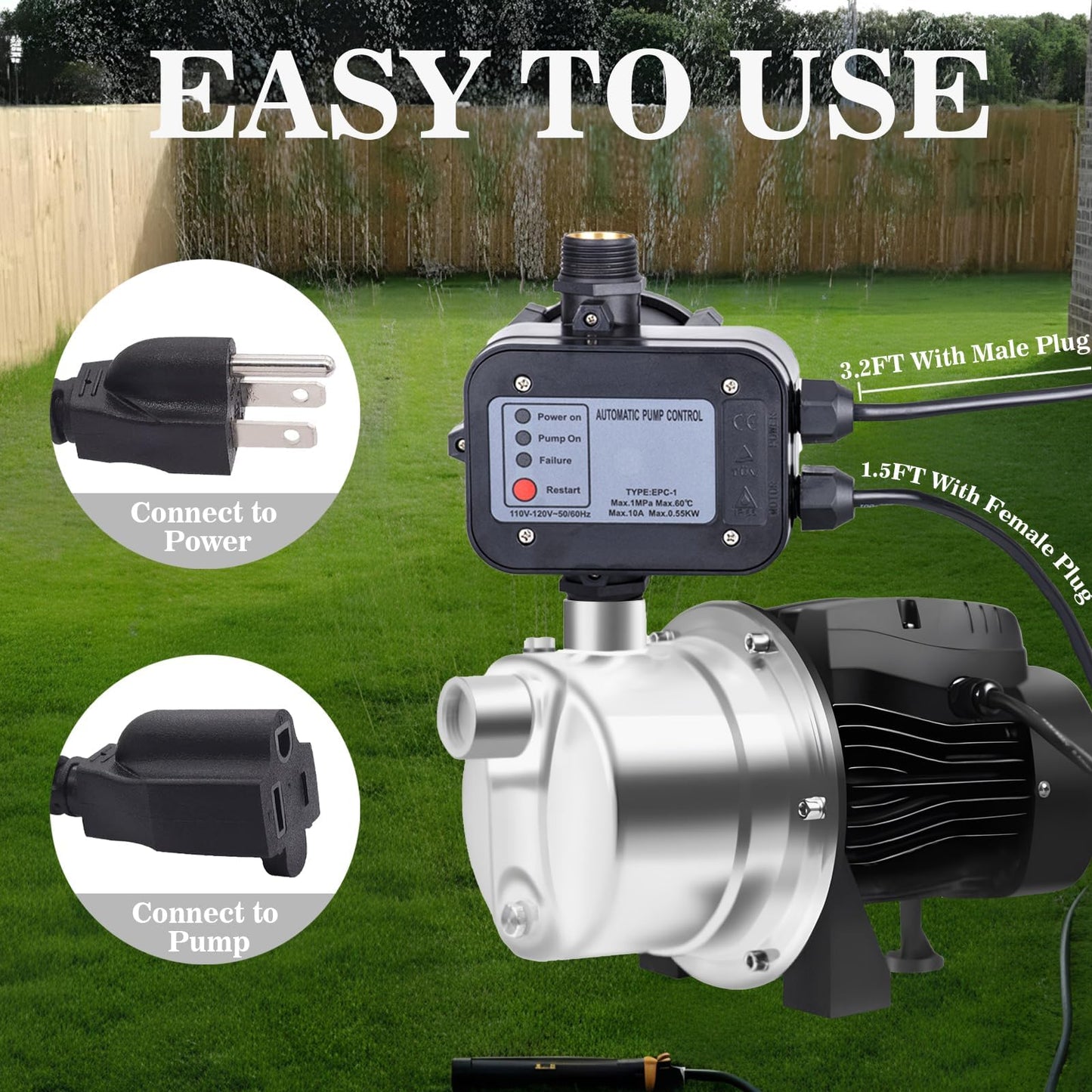 MARSTEK IP65 Automatic Water Pump Controller，Water Pump Pressure Switch Water Flow Sensor Switch Electronic Pump Pressure Regulator for Self-priming Pump，110V-120V~50/60Hz