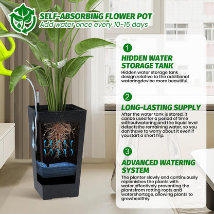 Liyaxenug Tall Planters Set of 2, 22.5 Inch Self-Watering Outdoor Indoor Plant Pot with Water Level Monitor & Drainage Holes, Large Modern Flower Pot with Inner Bucket, Trays & Wheels – Black