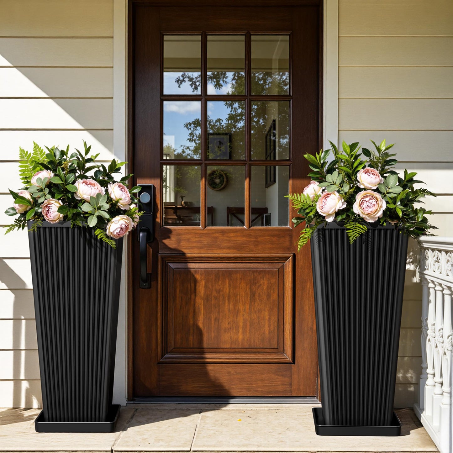 Diyfire Front Porch Planters Outdoor Set of 2, 24" Tall Plastic Planters for Outdoor Plants with Drainage, Extra Large Outdoor Planter Pots, Tapered Tall Planters for Front Door & Indoor Plants, Black