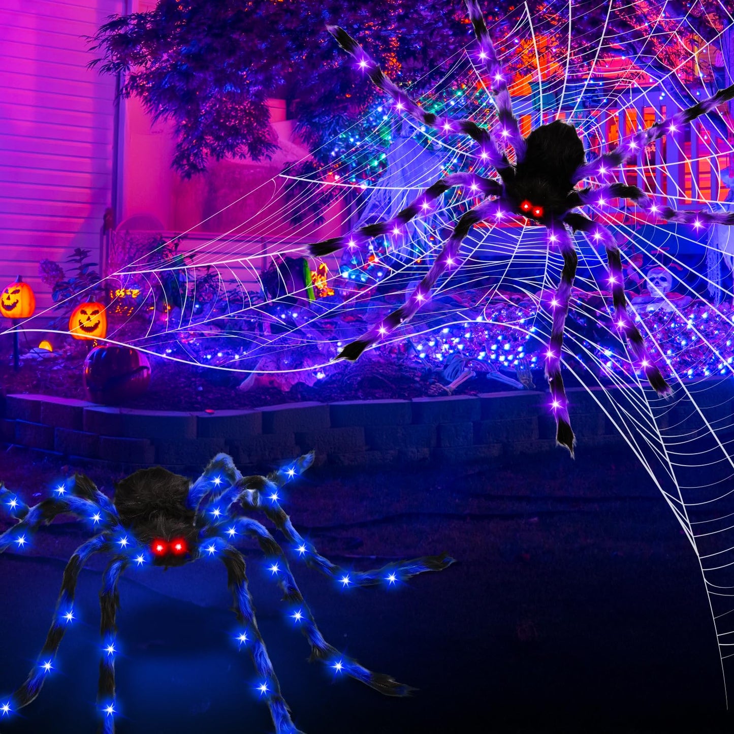 2 Pack 50" Halloween Light Up Spiders, Giant Hairy Spider Decorations with Blue and Purple LED Lights, Scary Indoor Outdoor Halloween Decor for Yard Porch Tree Party Haunted House