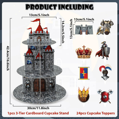 3 Tier Medieval Castle Cupcake Stand Decor with 24 Cake Toppers Knight Birthday Party Decorations Medieval Theme Dessert Cardboard Stand Tower Castle Cupcake Holder for Boys Baby Shower Supplies