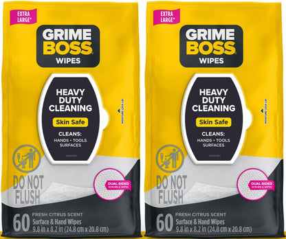 Grime Boss Heavy Duty Surface and Hand Wipes (2x60ct) | Remove Paint, Oil, Grease, Adhesives, Mud, Dirt | Workshop Replace Cleaners like Rags, Towels, Pumice, Soap