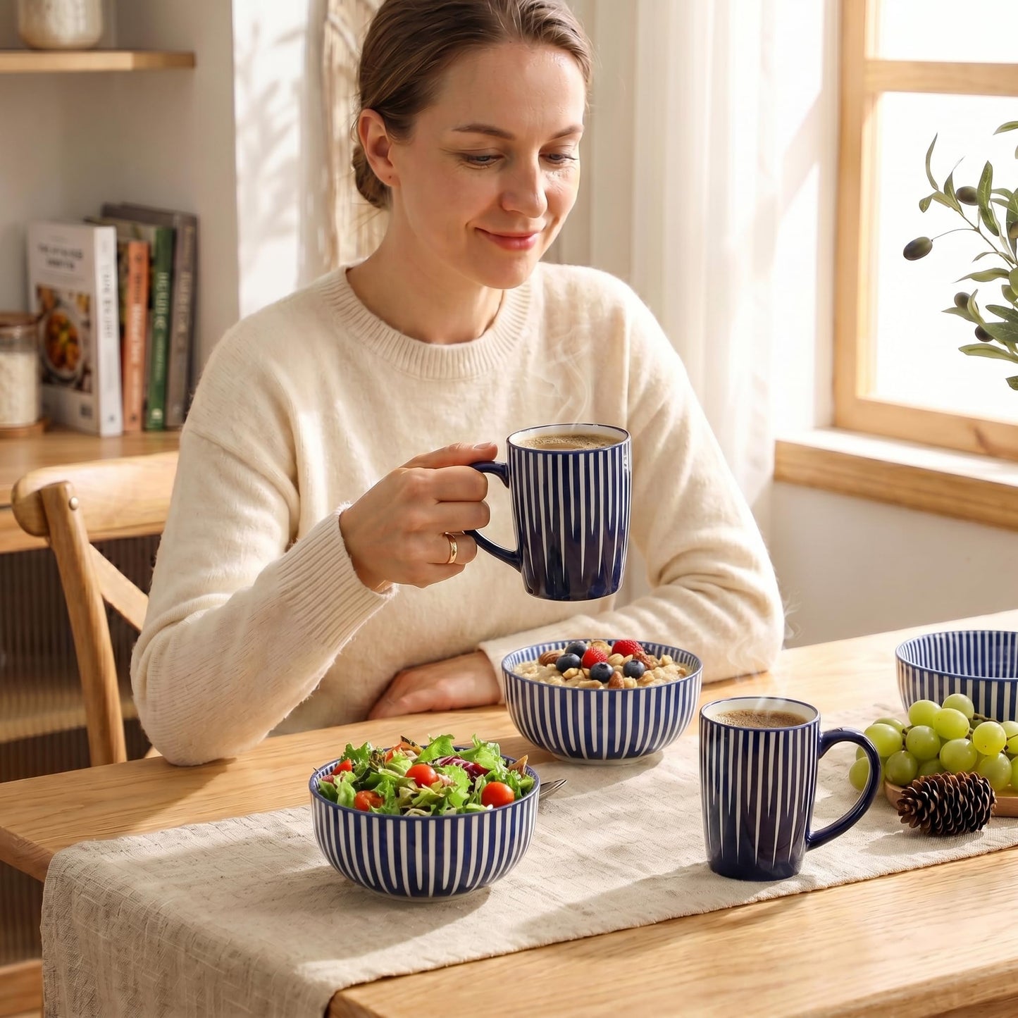 JINGUS Ceramic Soup Bowls, 28 Ounces Cereal Bowls for Oatmeal, Dessert and Pasta, Japanese Style Large Rice Bowls Set of 6, Prefect for Kitchen,Gift, Dishwasher & Microwave Safe, Vintage Blue