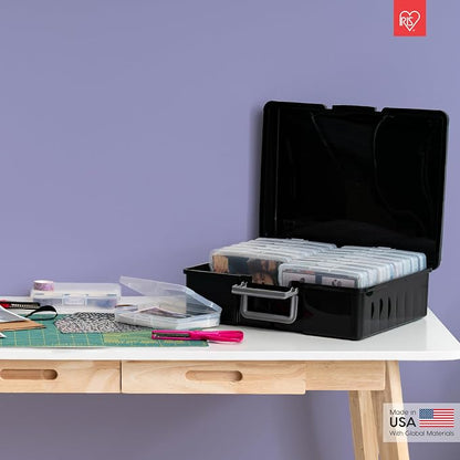 IRIS USA 4" x 6" |Made in USA| Photo Organizers and Picture Storage Box with Handle, 16 Inner Cases/Containers for Tasks, Stickers, Ephemera, & Flashcards - Black/Clear