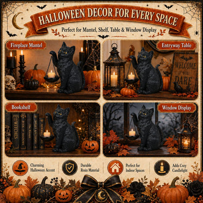 Gothic Black Cat Lamp with Tealight Candle Holder Cat Statue Halloween Decorations Indoor Gothic Home Decor for Living Room Tabletop Shelf Bedroom Unique Goth Witchy Gifts Decor