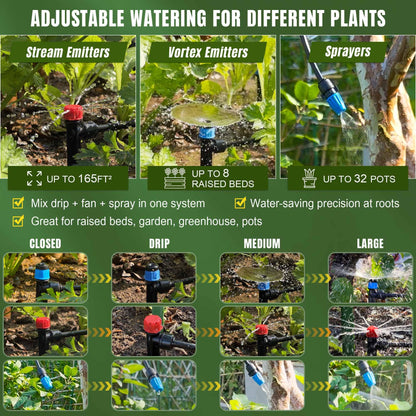 Spalolen Push-to-Connect Drip Irrigation System Kit, 2-Zone Garden Watering System with 50FT 1/2" Mainline, Leak-Resistant Quick Connect Fittings, Adjustable Emitters for Raised Beds, Greenhouse