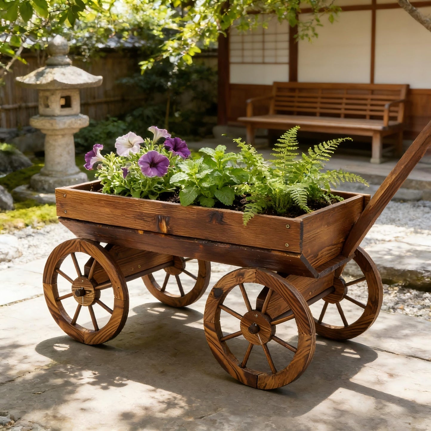 Homonova Wooden Wagon Flower Planter Pot Stand, Wagon Planter with Wheels for Outdoor Garden Decor, Wooden Cart Display, Rustic Farm Style Premium (41.4×16×24 in)