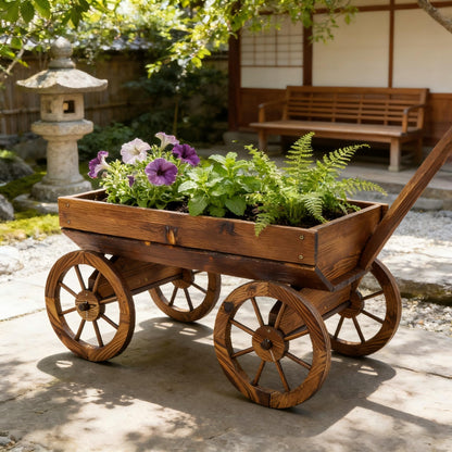 Homonova Wooden Wagon Flower Planter Pot Stand, Wagon Planter with Wheels for Outdoor Garden Decor, Wooden Cart Display, Rustic Farm Style Premium (41.4×16×24 in)