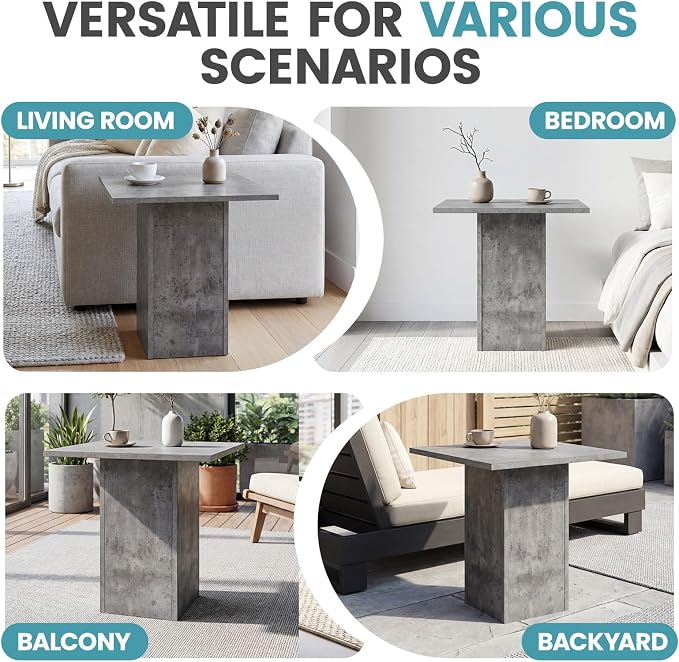 HNY Small Square Side Table Grey Wood Bedside Table 20" Modern End Table Concrete Texture Finish for Living Room, Reception Room, Home Office,Industrial Minimalist