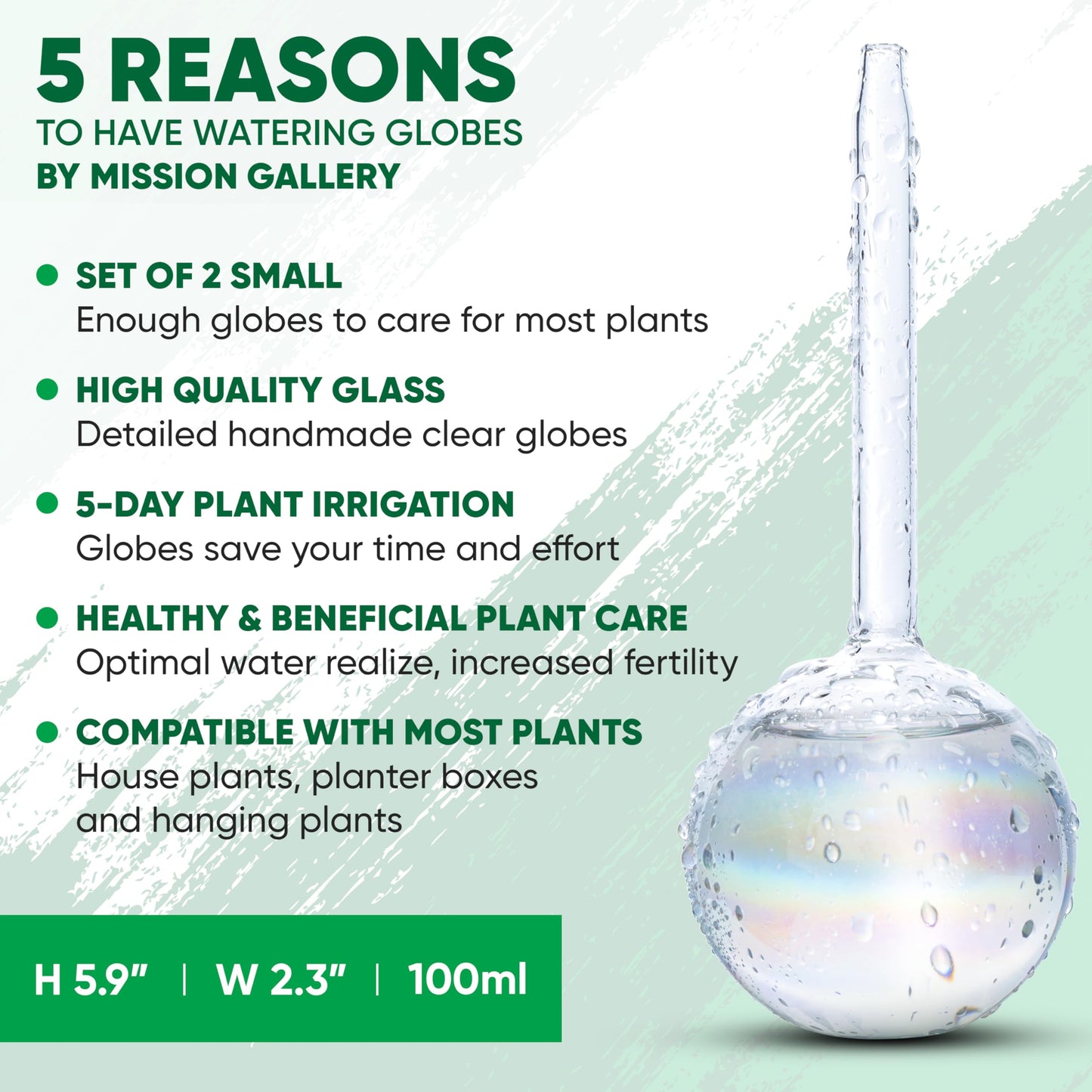 Mission Gallery Clear Plant Watering Globes Set of 2 - Small Self Watering Globes for Indoor & Outdoor Plants - Automatic Glass Watering Bulbs for Daily Use, Plant Watering Devices