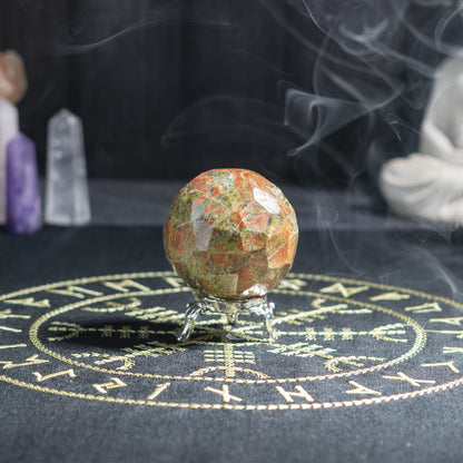 Crocon 45mm Unakite Diamond Cut Stone Sphere Ball with Metal Stand 1400+ Carats Gemstone Ball Healing Ornament Rock Sphere Sculpture Figurine for Fengshui Divination Crystal Home Decor Photography