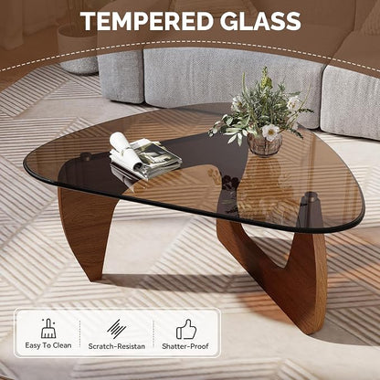 Modern Glass Coffee Table, Triangle Center Table with Tempered Glass Top& Unique Wooden Base, 31.5” Mid Century Tea Tables for Living Room, Apartment, Office,Walnut & Brown