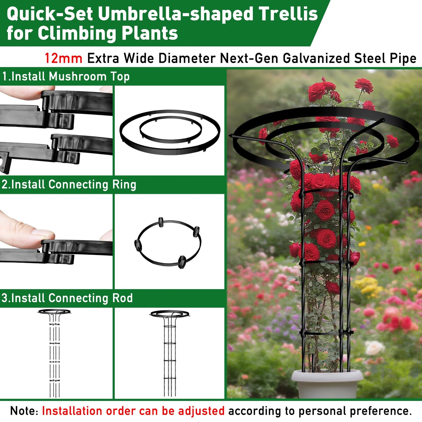 Carotex Mushroom Top Trellis for Climbing Plants Outdoor, 3.44FT Decorative Obelisk Plant Support with Rustproof PE-Coated Metal, Rose Trellis for Clematis Ivy, Black
