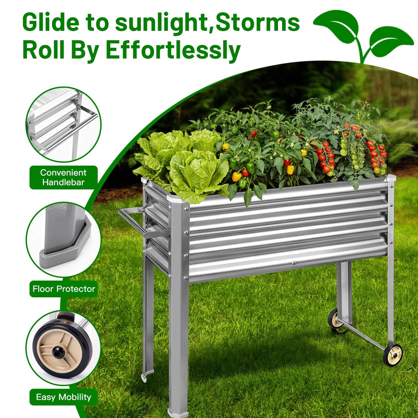 Land Guard 2 Pack Galvanized Raised Garden Bed with Legs & Wheels, 36×12×32in Metal Elevated Raised Planter Box for Backyard, Patio, Balcony, 300lb Capacity, Silver
