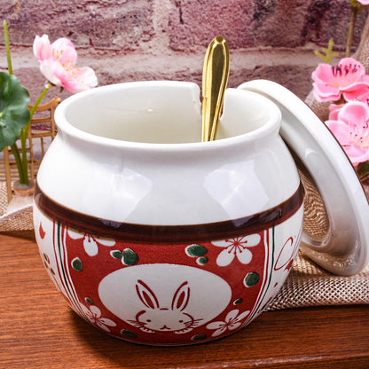 Cerficer Japanese Style Ceramic Sugar Bowl with Lid and Spoon, 4.3-Inch Hand-Painted Decorative Condiment Jar for Salt, Spices, and Seasonings, Microwave and Dishwasher Safe Kitchen Countertop Storage