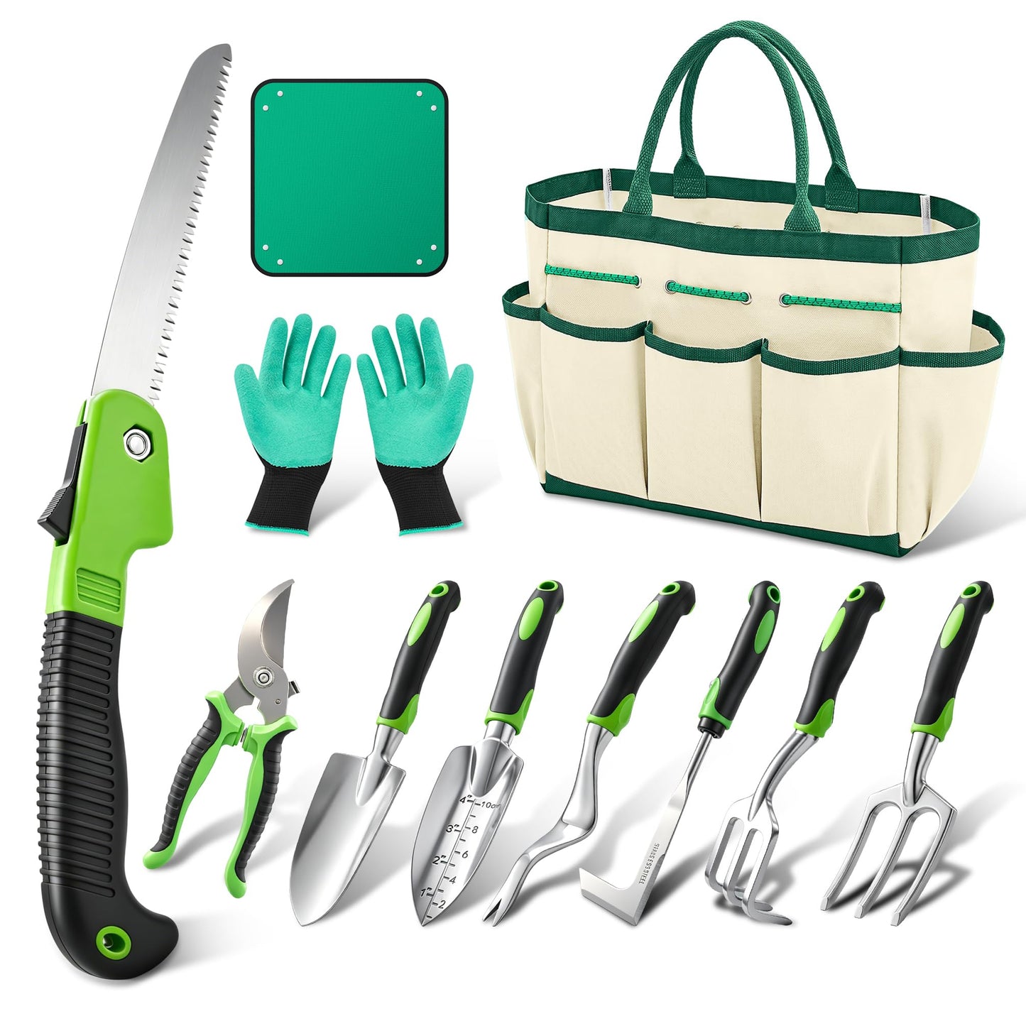 Garden Tool Set Gardening Tools - Heavy Duty Aluminum Tool Kit with Non-Slip Handle, Gardening Gloves and Tool Bag for Weeding, Planting and Pruning, Gifts for Women Mom (Green Set)