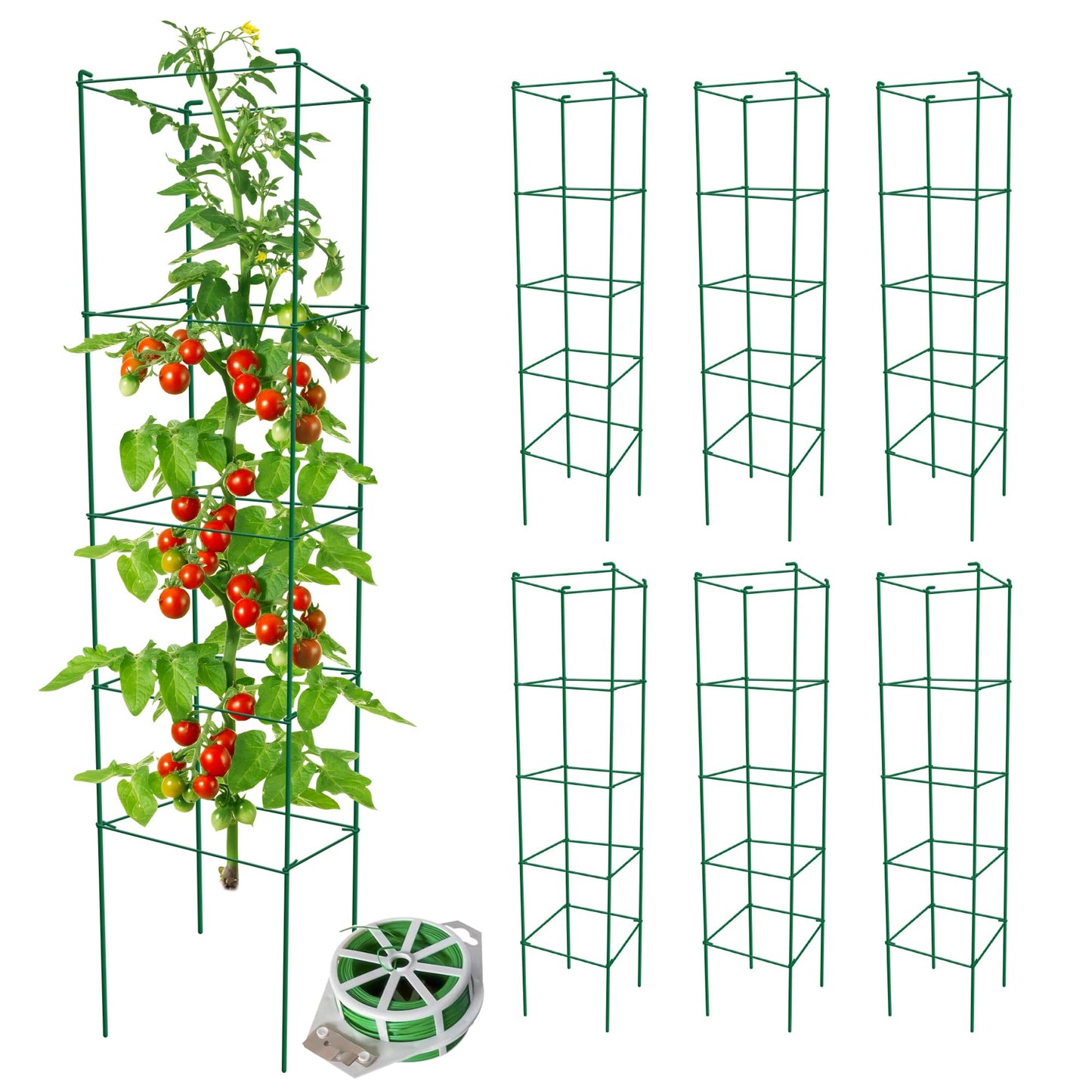 Thealyn Tomato Cages 6 Packs 57 Inches (H) Plant Stand with 164 Feet Twist Ties, Heavy Duty Garden Plants Support for Tomatoes, Cucumber, and Other Climbing Plants (Green)
