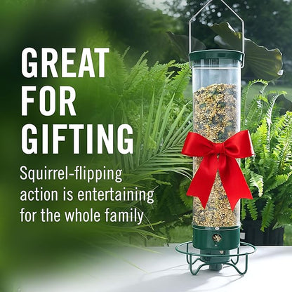 Droll Yankees Squirrel Proof Bird Feeder for Outdoors – Rechargeable Weight-Activated Rotating Perch, 5lb Seed Capacity, Metal Base, UV-Stabilized Seed Tube, Hanging Green Yankee Flipper, YF-M