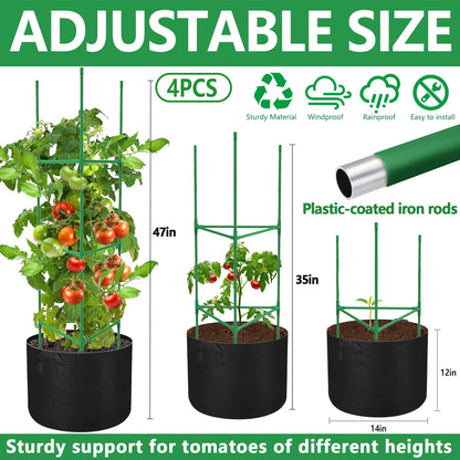 4 Packs 47 x 12 Inch Garden Tomato Cages with Grow Bags- Triangle Plant Support Trellis Assembled with Planter Bags- Garden Cucumber Vegetables Frames for Vertical Climbing Plants