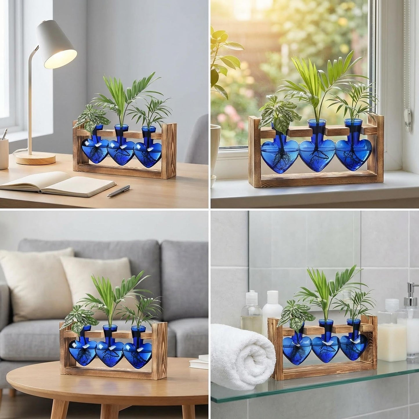 Plant Propagation Station 3Pcs Heart Vase with Wooden Stand Tabletop for Hydroponics Indoor Home Table Decor for Her Plant Lovers Women Mom Wife Daughter (Blue)