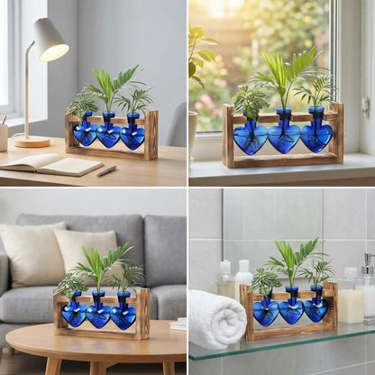 Plant Propagation Station 3Pcs Heart Vase with Wooden Stand Tabletop for Hydroponics Indoor Home Table Decor for Her Plant Lovers Women Mom Wife Daughter (Blue)